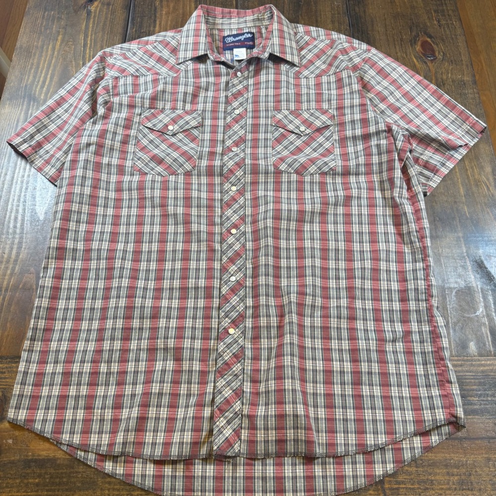 Wrangler Men XL X-Long Tails Western Pearl Snap Plaid Short Sleeve Shirt vintage